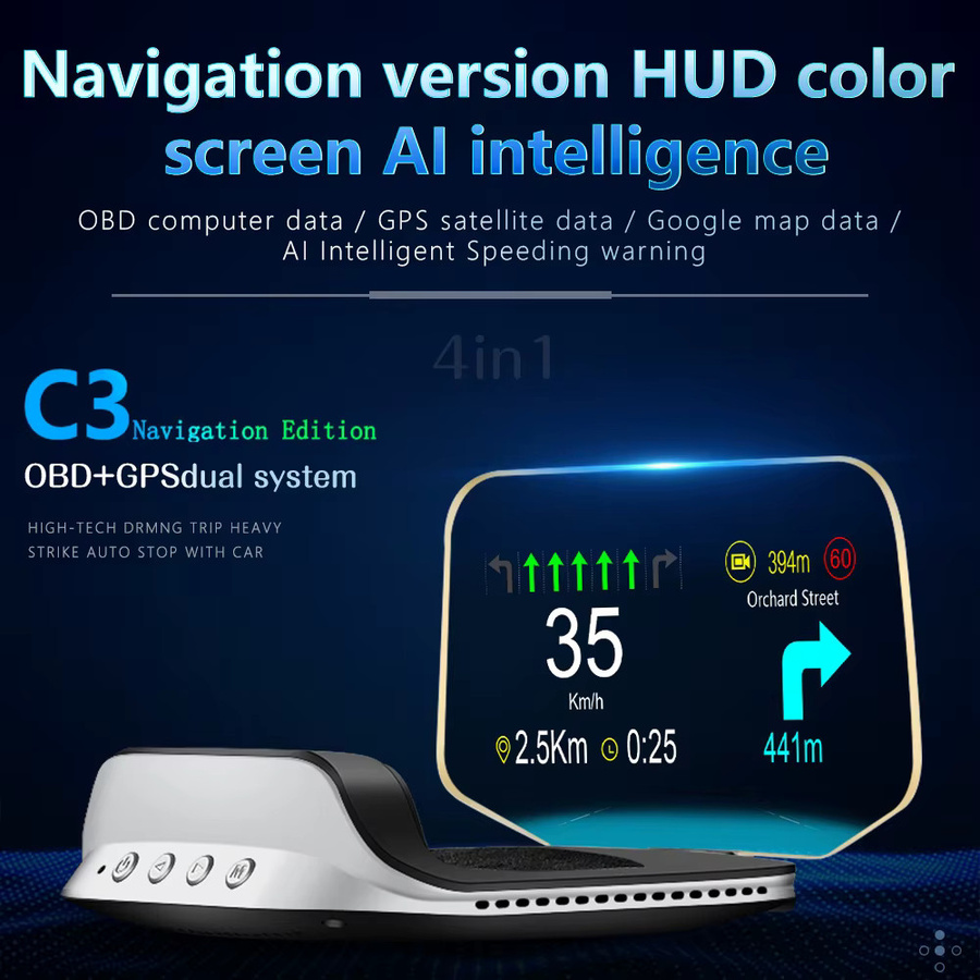 RYSJM HD C3 Plus Auto HUD OBD2 Head Up Display mit GPS Navigation und digitalem Tachometer als On-Board Computer Zubehör - Bild 2