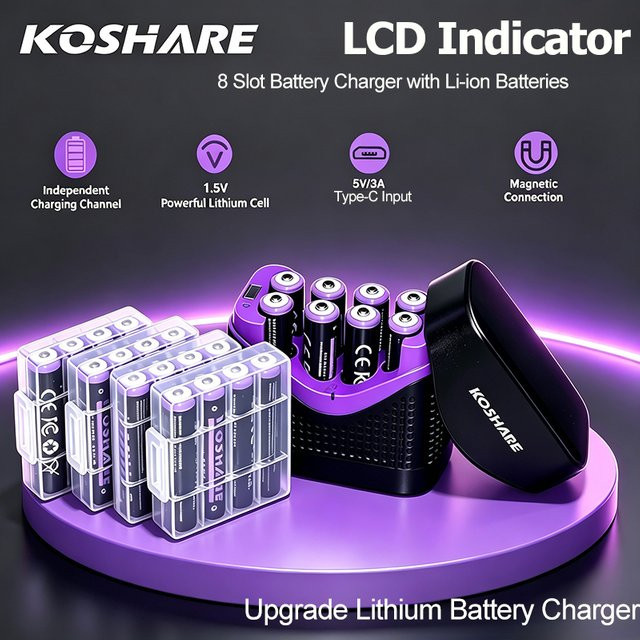 KOSHARE 8-fach Smart LCD Batterieladegerät in Schwarz inklusive 4255mWh und 110mWh AA AAA Lithium-Ionen-Akkus - Bild 1