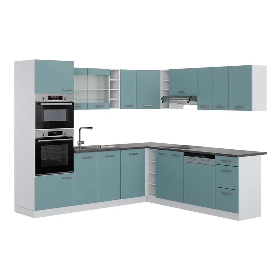 Vicco R-Line Einbauküche in L-Form in Blau-Grau/Weiß und Anthrazit, moderne Küchenzeile mit Schränken und Schubladen, B/T/H: 237 x 247 x 206,8 cm - Bild 1
