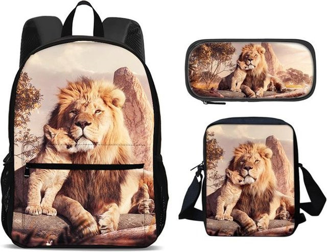 Fancy Style Studio 3er Set Schulset mit Löwe Rucksack, Federmäppchen und Umhängetasche in Multicolour für Jungen und Mädchen - Bild 1