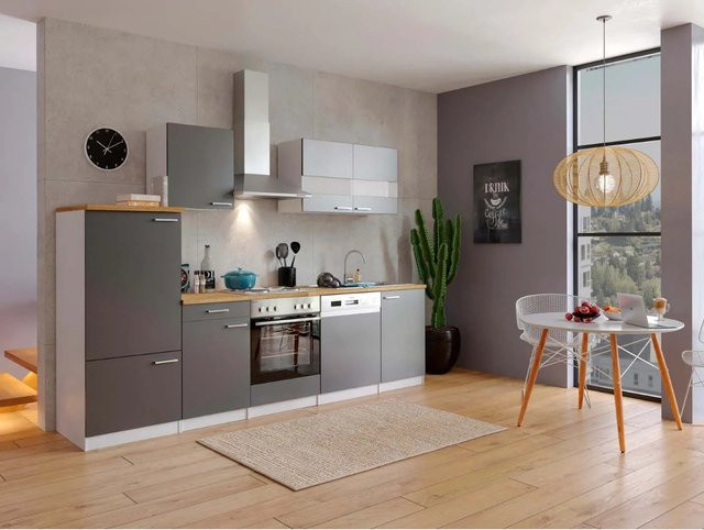 Respekta Küchenzeile LBKB280WG modern grau-weiß glänzend mit Glastüren und Soft-Close-Funktion B: 280 cm, T: 60 cm, H: 200 cm - Bild 1