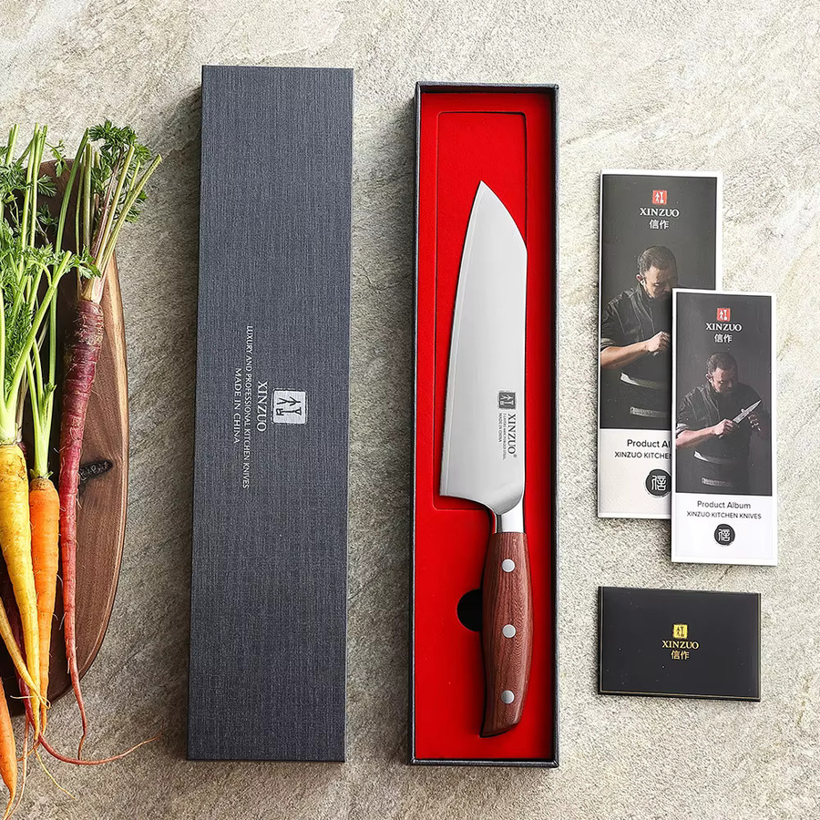 XINZUO Santoku-Messer aus Edelstahl mit 3-Schicht-Verbundstahl und rotem Holzgriff, 18,29 cm - Bild 5