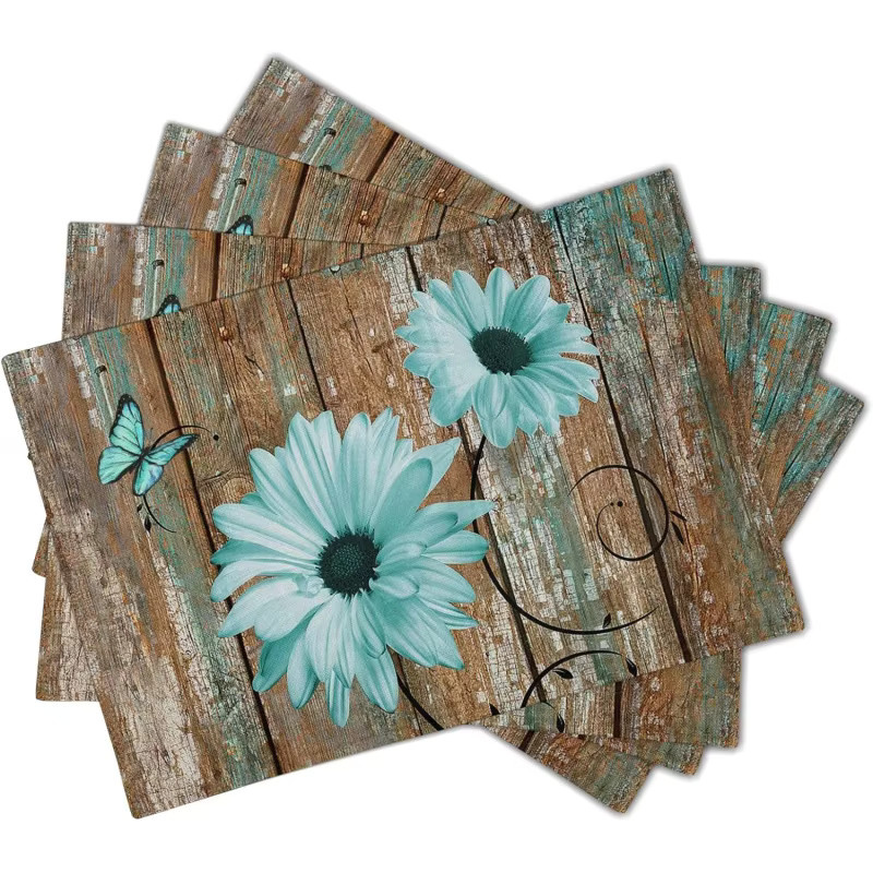 VIKAMA 4-teiliges Tischset aus Leinen mit Gänseblümchen-Design in Retro-Holzoptik, rutschfest und hitzebeständig, mehrfarbig - Bild 2
