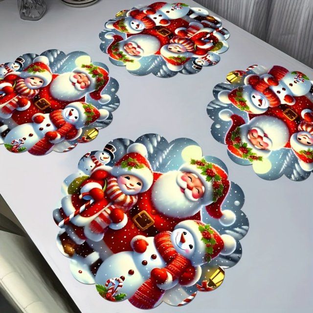 VIKAMA 4-teiliges Weihnachts-Tischdecken-Set mit Tischsets und Untersetzern, wasserdicht, Design Weihnachtsmann und Schneemann, ideale Dekoration für deinen Esstisch und die Küche - Bild 1