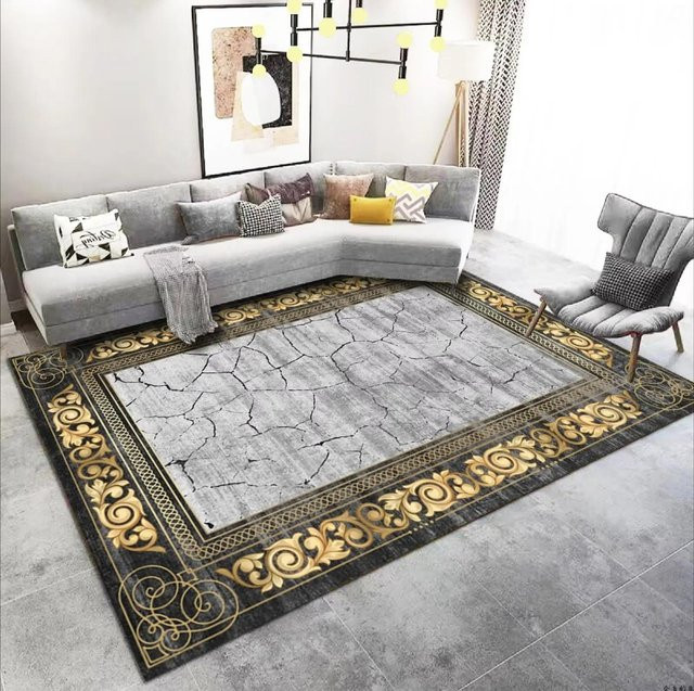 Moderner Teppich JGJG in Gold und Grau mit abstraktem Design, flanell, rutschfest und waschbar, B/T: 60 x 90 cm - Bild 1