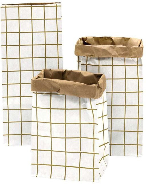 Rico Design Paper Poetry Maxi-Blockbodenbeutel S Karo, 3 Stück, Weiß-Braun-Gold, B: 41 cm, T: 18 cm, H: 12 cm - Bild 1