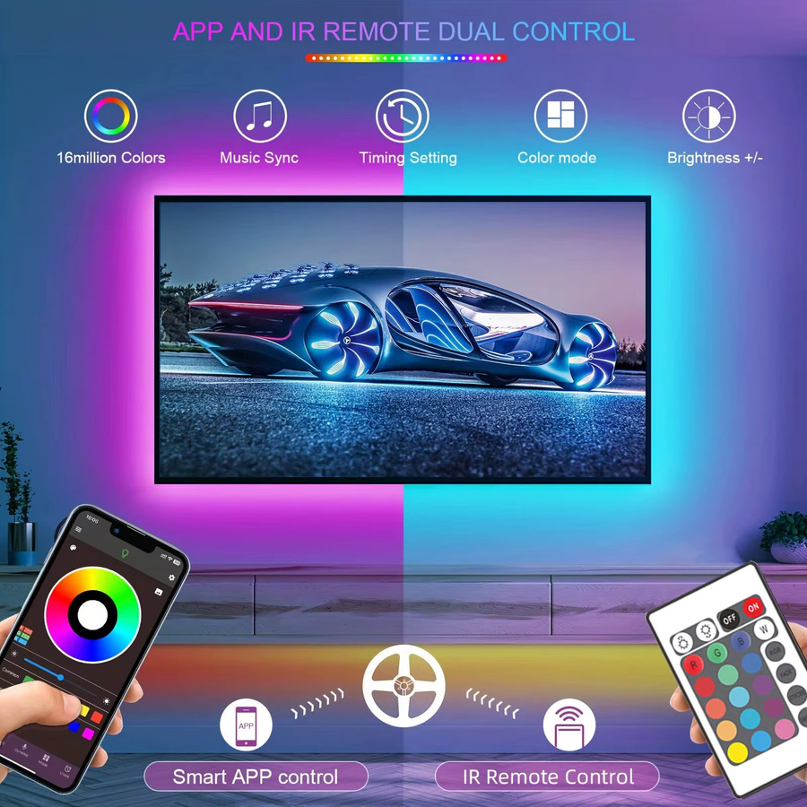 Mikenoon RGB LED-Streifen mit Bluetooth-Steuerung und USB-Anschluss für TV-Hintergrundbeleuchtung und Party-Dekoration, Multicolour, 5 V - Bild 3