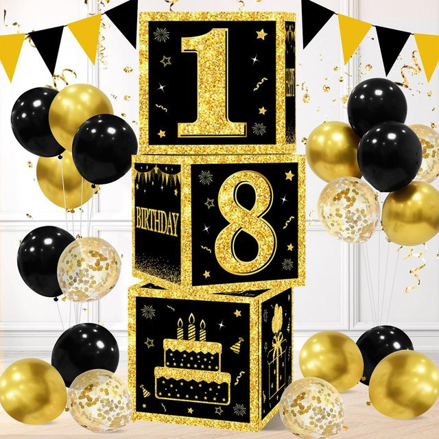 Geburtstagsbox in Schwarz und Gold aus Wellpappe als Partydekoration für den 18. und 30. Geburtstag - Bild 1