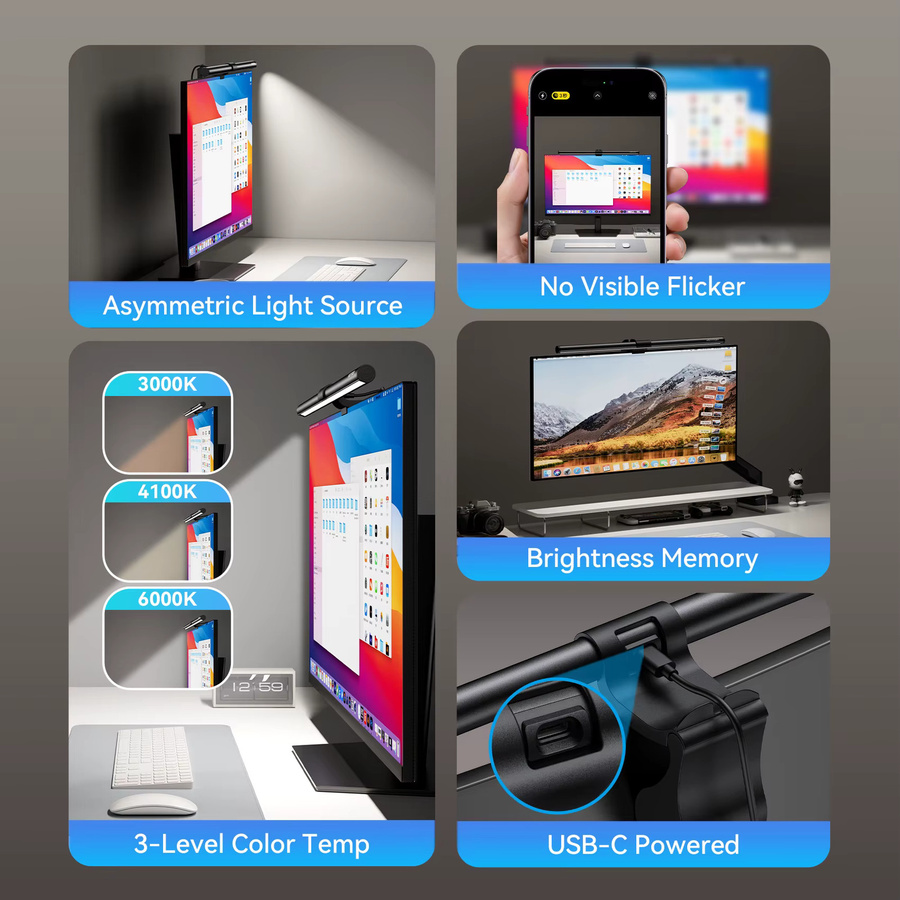 Vention LED-Monitor-Lichtleiste in Schwarz mit asymmetrischer Lichtquelle, USB-Anschluss und Touch-Bedienung zur Augenschonung für PC und Laptop - Bild 2