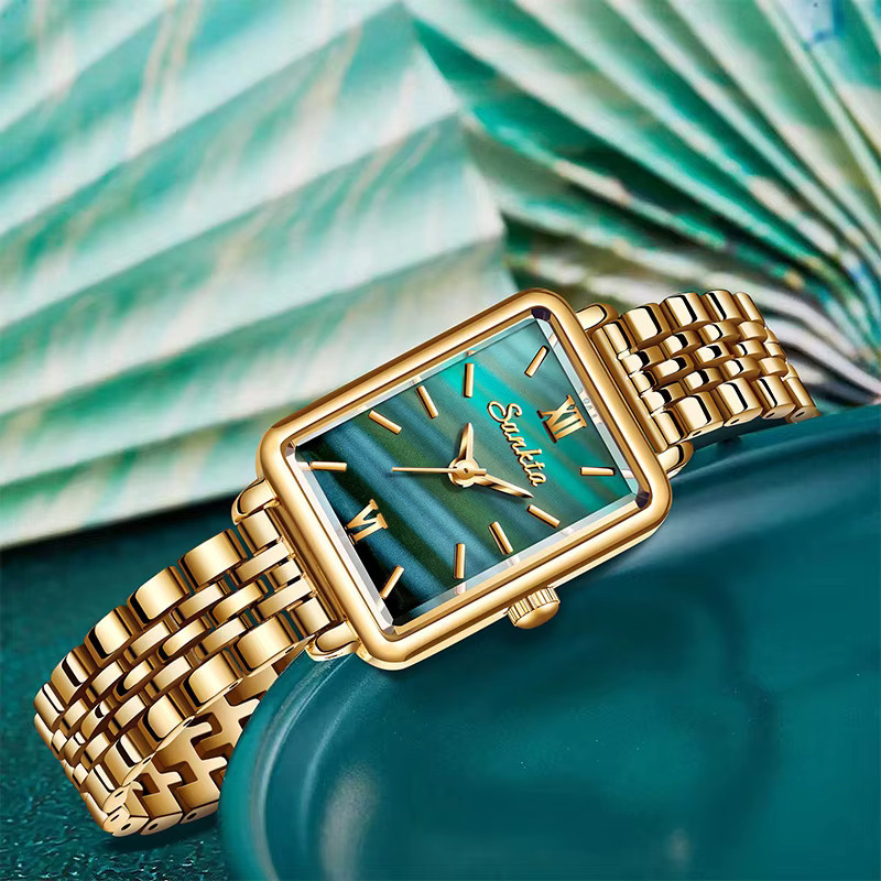 LIGE Armbanduhr Quarz, Edelstahl, Gold, Bicolor, Grün, Rechteckig, Damen - Bild 4