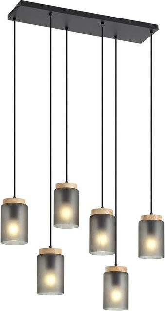 QAZQA Moderne Hängelampe Umbra in Schwarz mit Holz und mattgrauem Glas, 6-flammig - Bild 1