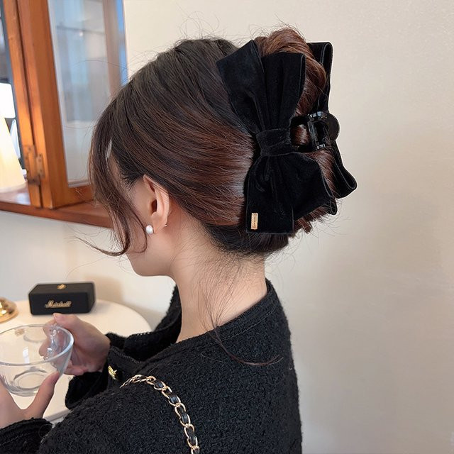 Haarspangen Schleife Hai Clips, Schwarz Rot Samt, Damen - Bild 1