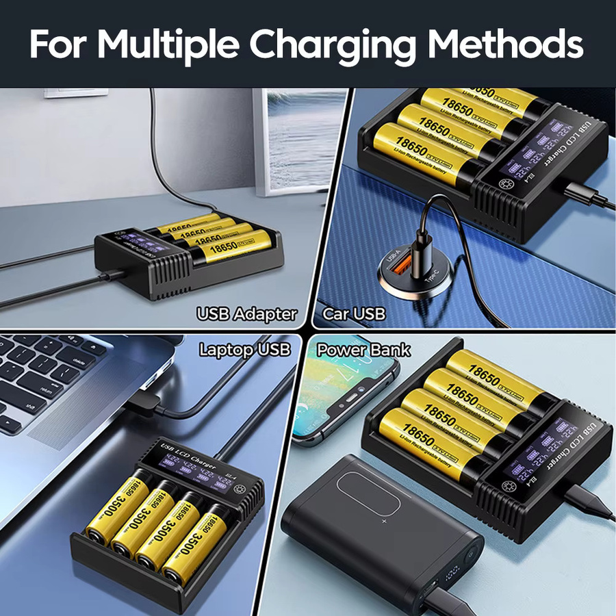 Elough Batterieladegerät mit 1/2/4 Steckplätzen für 3,7 V Lithium-Akkus und 1,2 V NI-MH AA/AAA Batterien, USB-Ladegerät in Schwarz - Bild 4