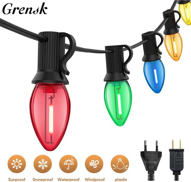 Grensk RGB Bunte Lichterkette für den Außenbereich mit bruchsicheren C7 Ersatzlampen, wasserdichte Party-Girlande, E12-Sockel, 1 W, Multicolor - Bild 1