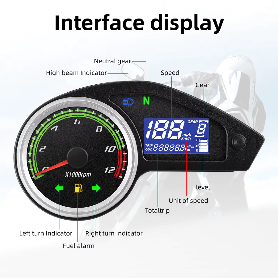 MAIMEIMI Universal Motorrad Digital Tachometer mit LCD-Display in Grün und Schwarz, 12V LCD-Computer-Geschwindigkeitsmesser mit Alarm-Signallichtern und 12000rpm Sensor für Honda - Bild 6