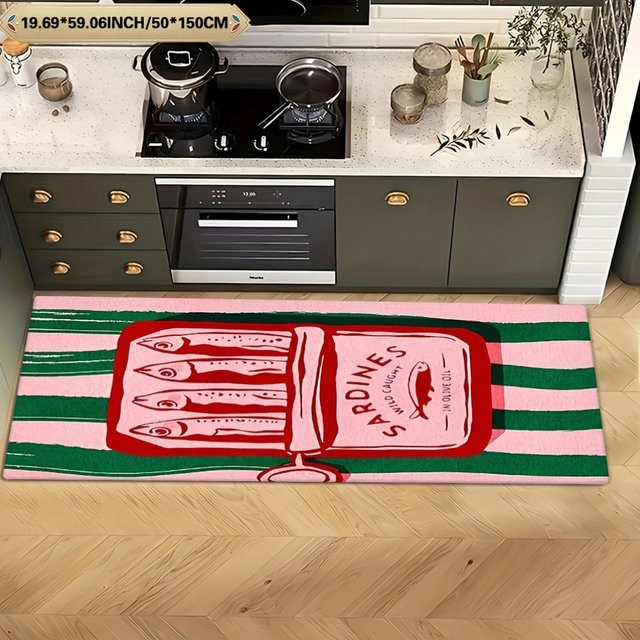 VIKAMA Küchenläufer Vintage Sardinen-Dosen aus Flanell, rosa-grün gestreift, rutschfest und waschbar, B: 50 cm, L: 120 cm - Bild 1