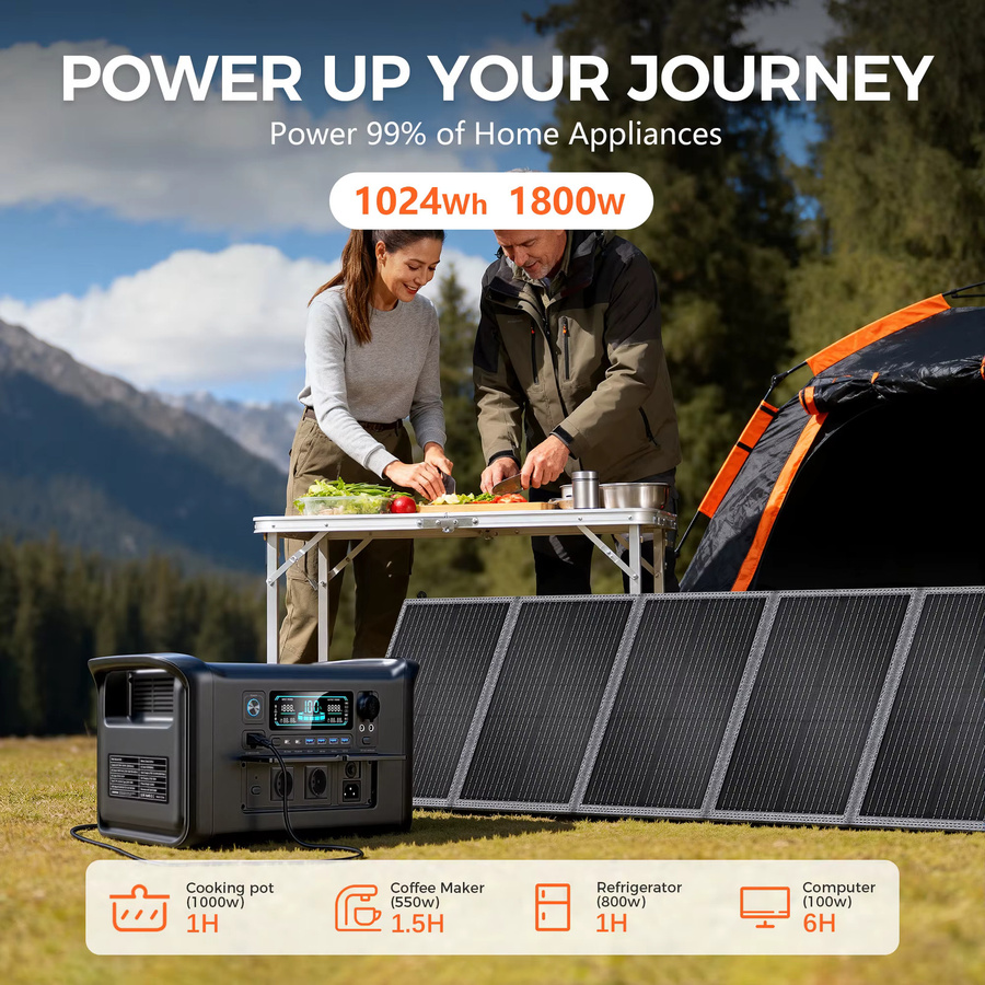 CTOLITY Tragbare Powerstation 1800W mit Solarpanel 100W/200W und LED-Licht in Schwarz für Outdoor, Camping und Notfälle - Bild 2