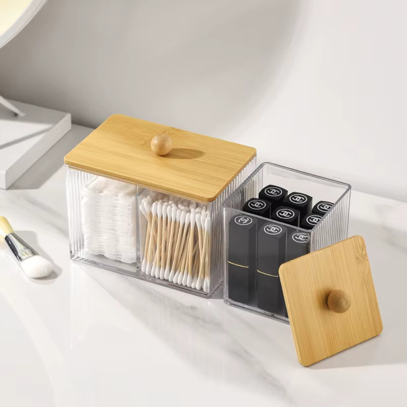Enyawell Acryl-Wattestäbchenhalter mit Bambusdeckel, runder Wattestäbchen-Spender und transparenter Apothekerdose aus Kunststoff - Bild 1