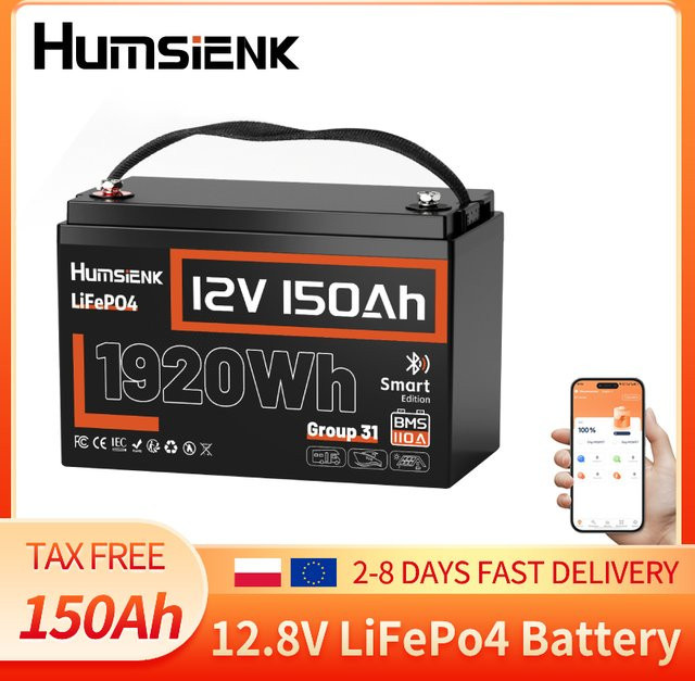 Humsienk Bluetooth 12V 150Ah Lithium LiFePO4 Deep-Cycle-Batterie in Schwarz mit 110A BMS für Solar, Wohnmobile und Marine - Bild 1