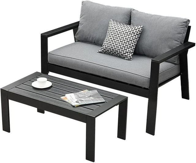 MeXo Gartenlounge Set Schwarz aus pulverbeschichtetem Aluminium mit 2er Sofa und Couchtisch inklusive Polsterkissen - Bild 1