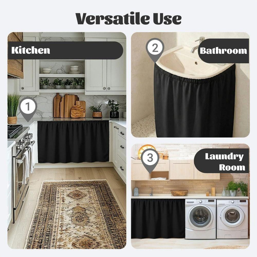 Yiluwhc Waschbarer Vorhang für Unterschränke als selbstklebende Abdeckung für Badezimmer und Waschküche, Schwarz, B: 140 cm, H: 83 cm - Bild 7
