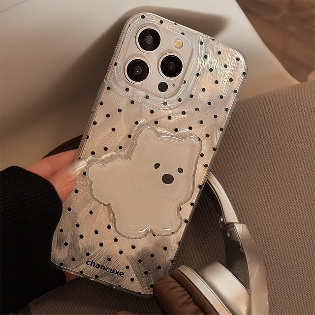 MUQGEW Koreanische Polka Dot Handyhülle mit Cartoon-Welpenhalterung für iPhone 16, 15, 14, 13, 12, 11 Pro Max, stoßfeste Hartschale, transparent - Bild 1
