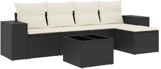 vidaXL 6-teilige Garten-Sofagarnitur in L-Form aus schwarzem Poly-Rattan mit Kissen und Metallrahmen - Bild 1