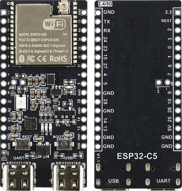 ESP32-C5 Entwicklungsboard mit Dualband 2,4 GHz und 5 GHz Wi-Fi, ESPC5-32E-N4-Modul mit externer Antenne für Drohnen-RID-Empfänger, Schwarz - Bild 1