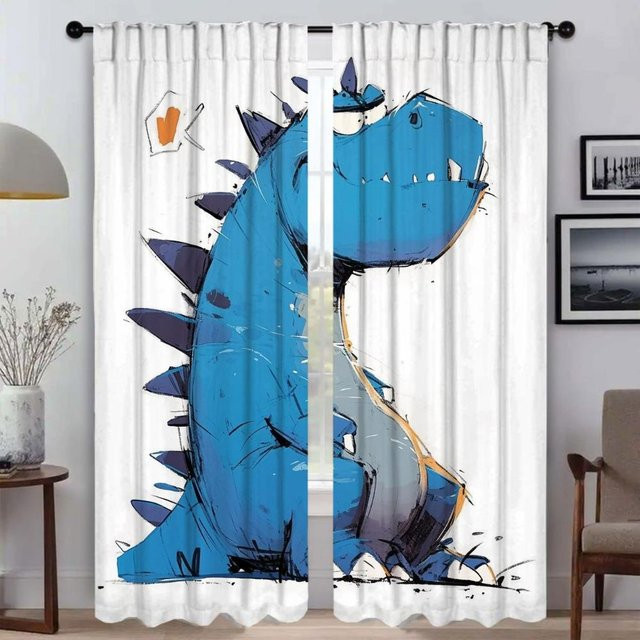 2er-Set Tyrannosaurus Vorhänge mit Tiermotiv für Küche und Wohnzimmer, halbtransparent, Mehrfarbig, B: 50 cm, H: 70 cm - Bild 1