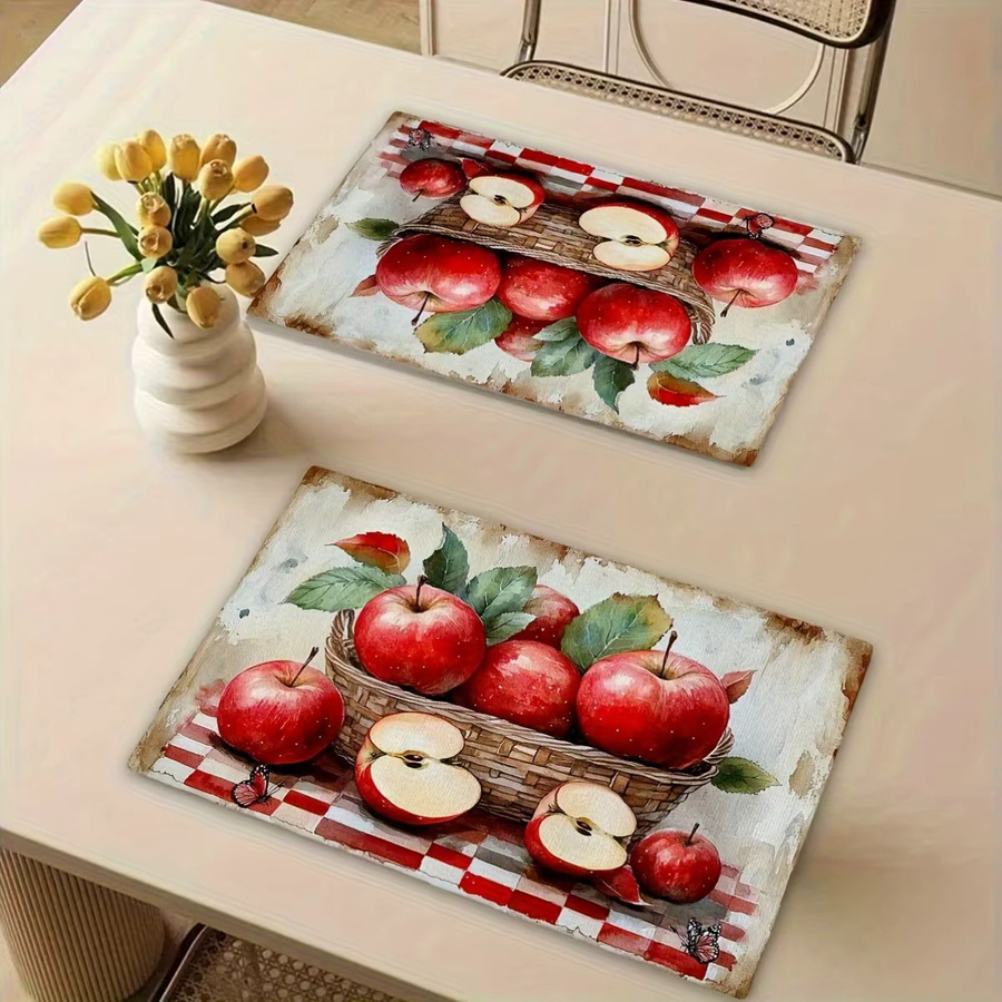 VIKAMA 4er-Pack Tischsets mit rotem Apfel-Aquarell-Design, waschbar und rutschfest, rechteckig - Bild 5