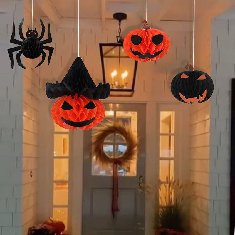 ZQNYCY 8er Set Halloween Wabenbälle aus Papier mit Spinne und Kürbis Motiven in Orange und Schwarz zur Dekoration für Innen und Außen - Bild 4