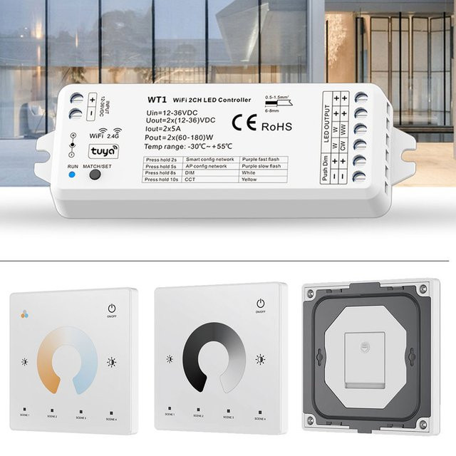 Tuya Smart Life 2-in-1 WLAN LED Controller für 12V 24V CCT LED Streifen mit RF Touch Panel Fernbedienung, kompatibel mit Alexa und Google Home, Farbe: Weiß - Bild 1