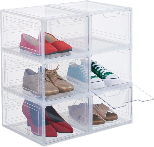 Relaxdays Schuhboxen 6er Set aus Kunststoff, transparent und stapelbar mit Klappe, B/T/H: 25 x 18 x 34 cm - Bild 1
