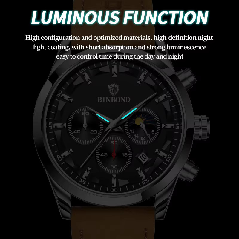 BINBOND Armbanduhr, Quarz, Leder, Blau, Datum, Wochentag, Herren - Bild 4