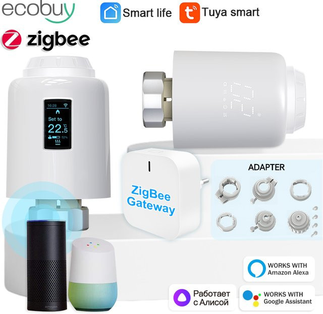 Tuya Smart Home Zigbee 3.0 Thermostat mit Heizkörper-Ventilkopf und Gateway, programmierbares TRV in Weiß, kompatibel mit Google Alexa und App-Steuerung - Bild 1