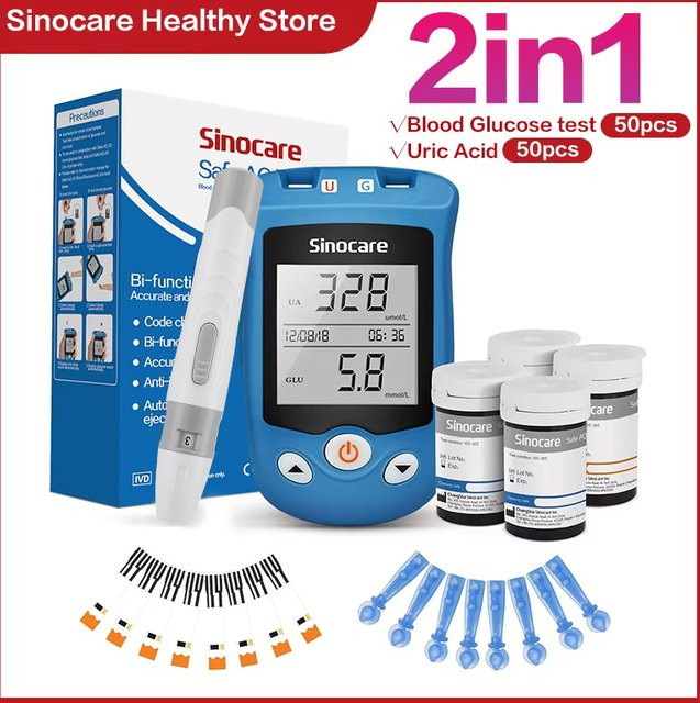 Sinocare Blutzucker- und Harnsäure-Messgerät-Set in Blau mit Teststreifen und Lanzetten für Heimmessungen - Bild 1