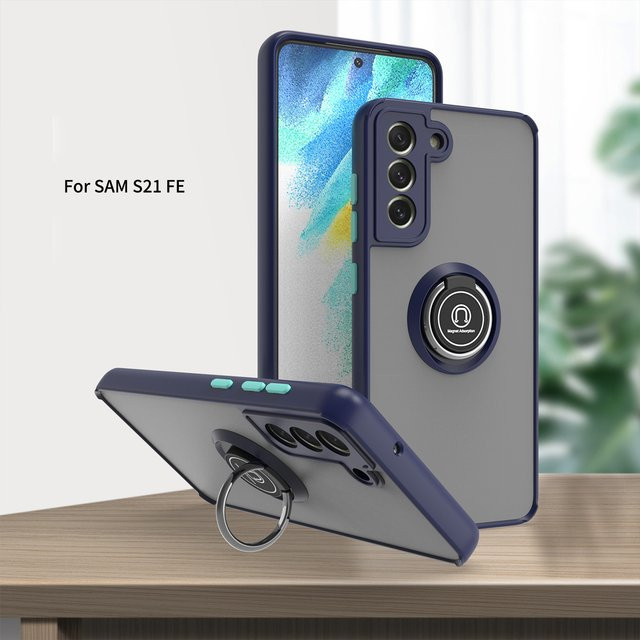Stoßfeste Silikon-Hülle für Samsung Galaxy S21 FE mit Metallring-Halter und mattem Finish in Blau - Bild 1