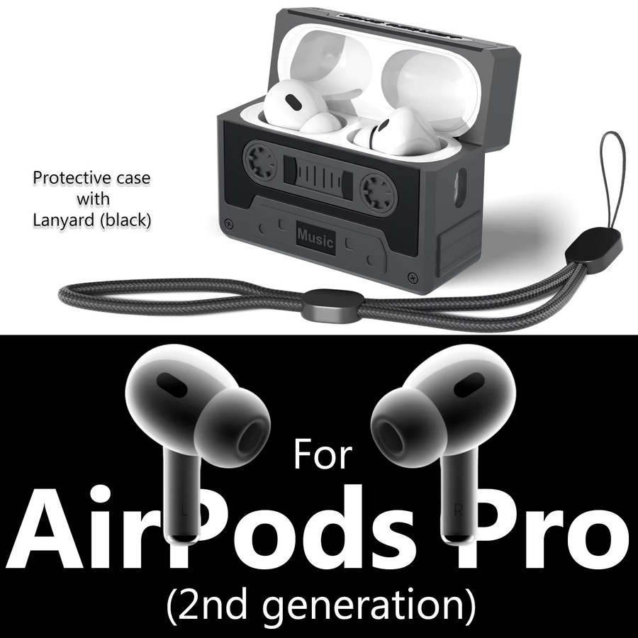 BEWZI Schutzhülle für AirPods Pro 2 mit Lanyard im Classic Tape Style 3D-Design in Beige oder Schwarz - Bild 2