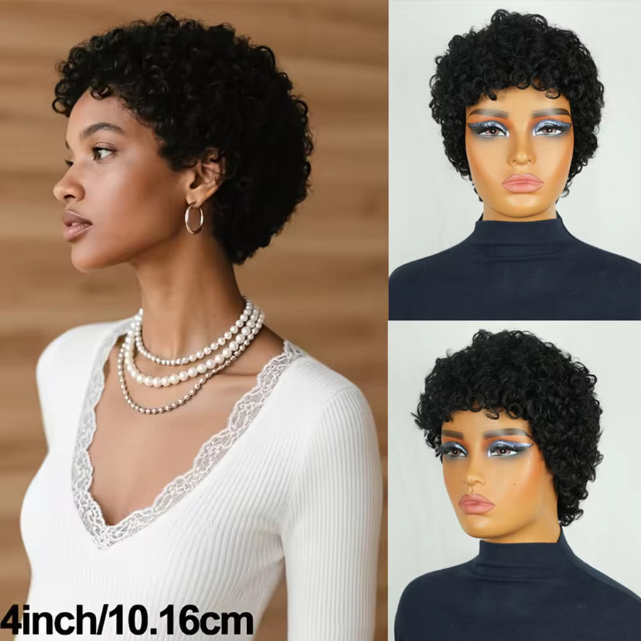 OYM HAIR Pixie-Perücke, 100 % Echthaar, kurz, lockig, Damen - Bild 3
