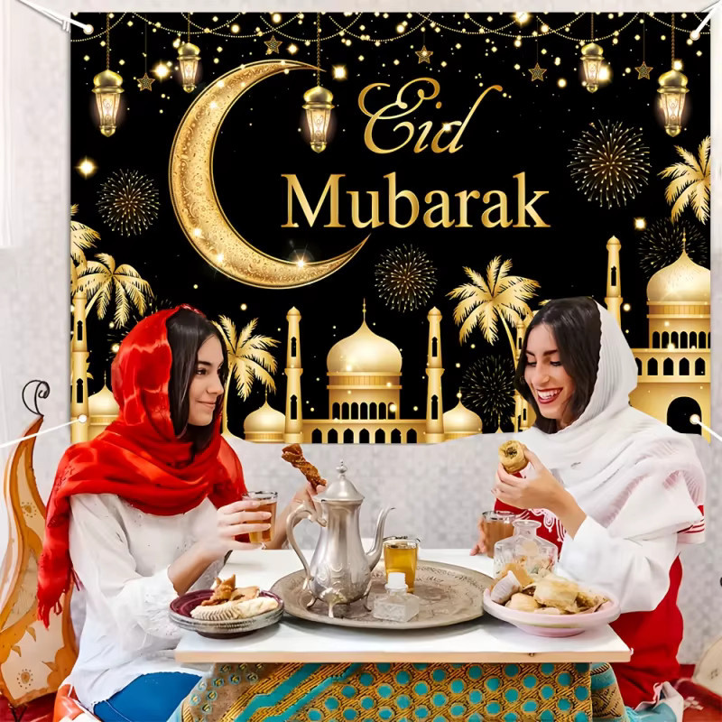 VIKAMA Eid Mubarak Wandteppich in Schwarz-Gold, islamischer Wandbehang mit Typografie und Mond-Motiv für Party und Dekoration - Bild 3