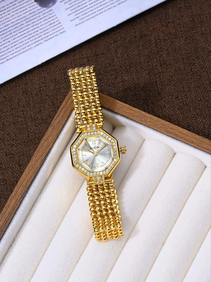 YaLaLuSi Armbanduhr, Perlenkette, Gold, Quarz, Diamantbesetzt, Damen - Bild 4