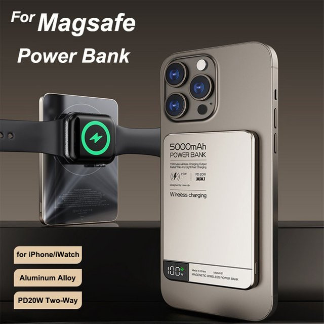 3-in-1 Magnetische Powerbank mit PD20W Schnellladegerät und MagSafe Kompatibilität für iPhone, iWatch und AirPods in Grau - Bild 1