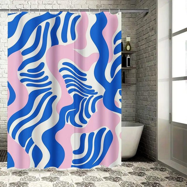 Wasserdichter Duschvorhang von Jessica Chen in Blau Weiß Rosa Grau mit modernem Muster, B: 60 cm, H: 190 cm - Bild 1