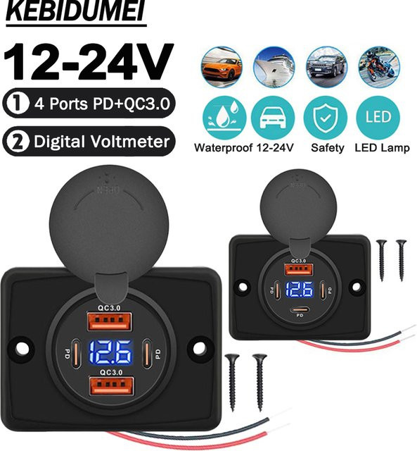 Kebidumei 48W Dual Port Schnellladesteckdose mit PD und QC3.0 USB-C, Power Panel mit LED Ein/Aus-Schalter, Schwarz - Bild 1