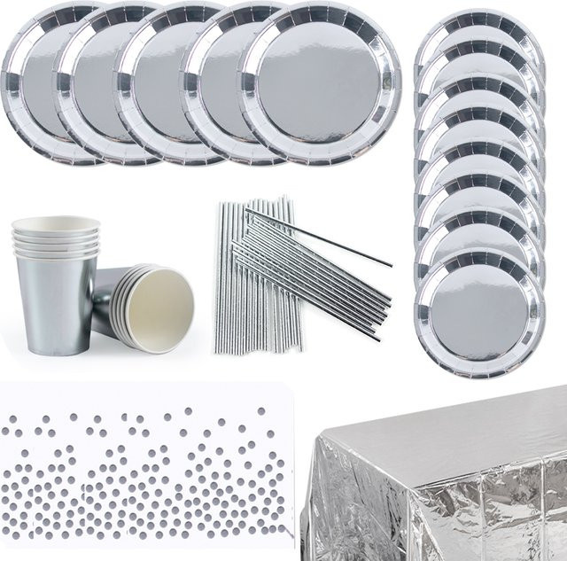 WEIGAO Einweggeschirr-Set in Silber für Geburtstag, Hochzeit oder Babyparty bestehend aus Papptellern, Tassen und Tischdecke - Bild 1