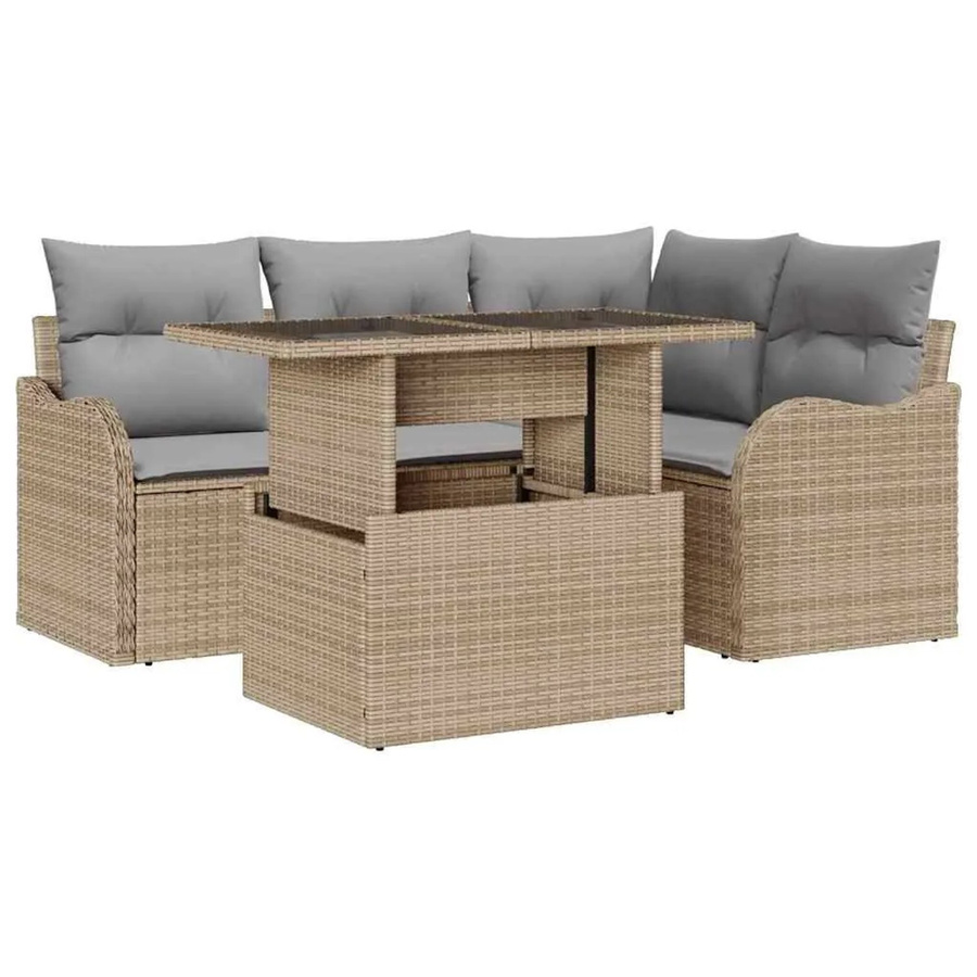 vidaXL Gartensofa-Set aus Poly Rattan und Stahl in Beige mit 5 Teilen und Kissen - Bild 2