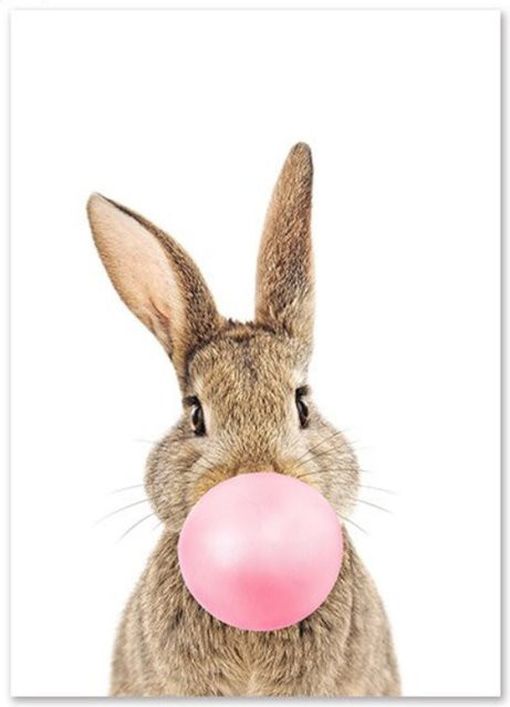 TPFLiving Poster Leinwand Kaninchen mit Blume und Luftballon, Mehrfarbig, B: 60 cm, H: 80 cm - Bild 1