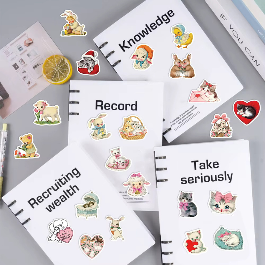 50 Stück Vintage Tier-Clipart Aufkleber in Rosa und Multicolour für Laptop, Skateboard und DIY-Dekoration - Bild 2