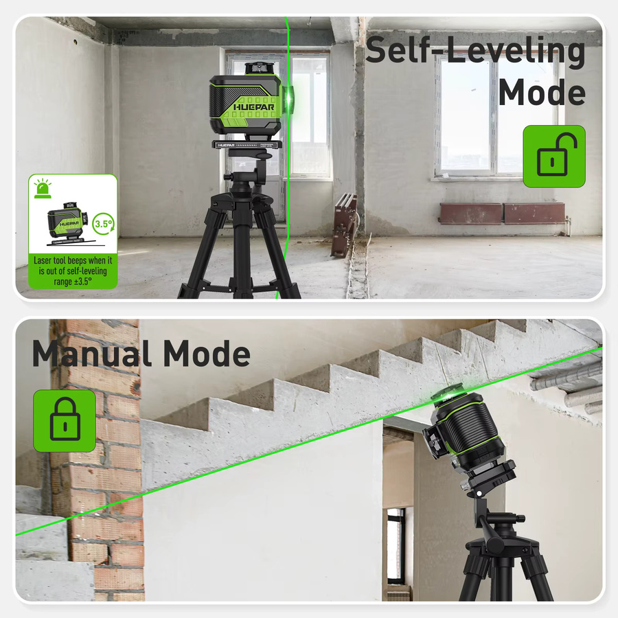 Huepar 4D 16 Linien Laser Level Z04CG Selbstnivellierender Grüner Kreuzlinien Laser Level mit Fernbedienung, Stativ, Detektor und 2 Akkus - Bild 2