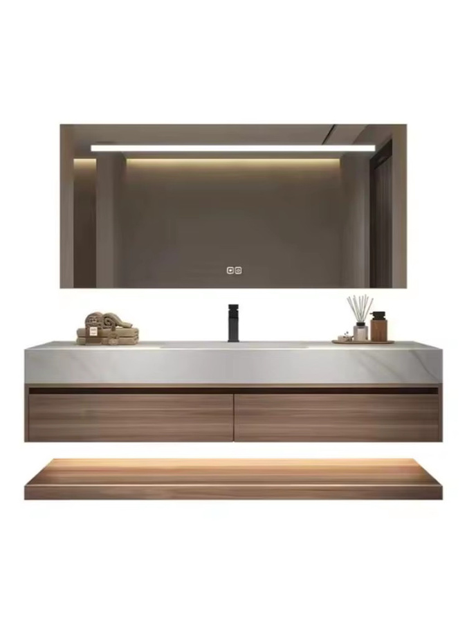 XMSJ Badezimmer-Waschtisch-Set aus Sperrholz mit Waschbecken und LED-Beleuchtung, Wandmontage, Braun - Bild 3